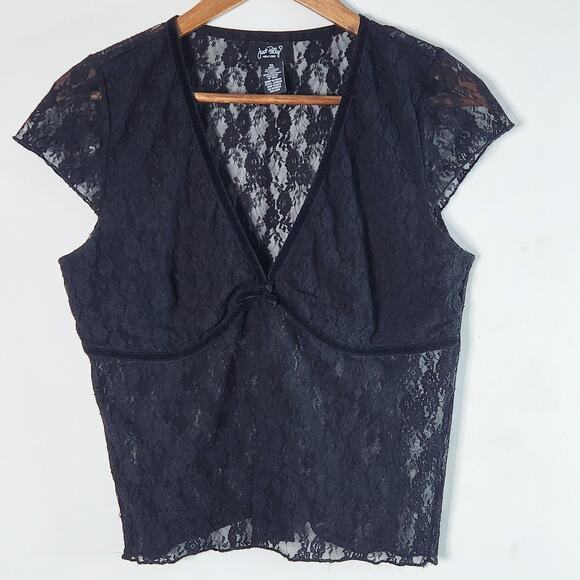 Just Polly Tops - Just Polly Black Floral Lace Babydoll Crop Top Size XL Fairy Grunge Festival